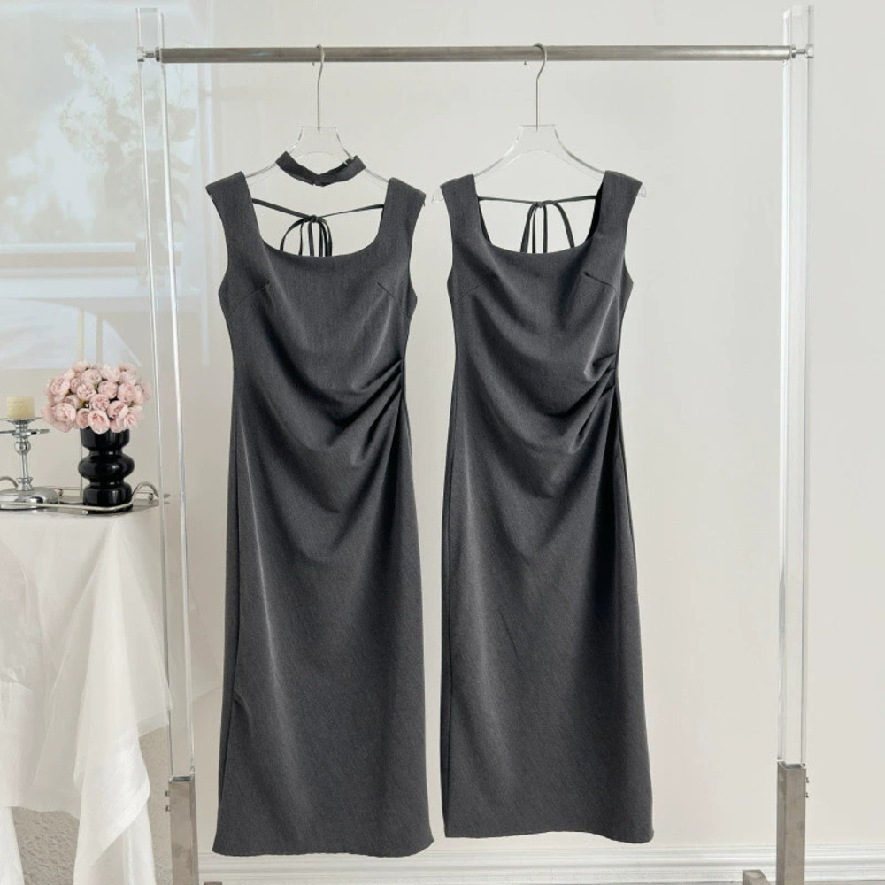 Womens Gray Cinched High Waist Bodycon Slit Dress Slim Elegant